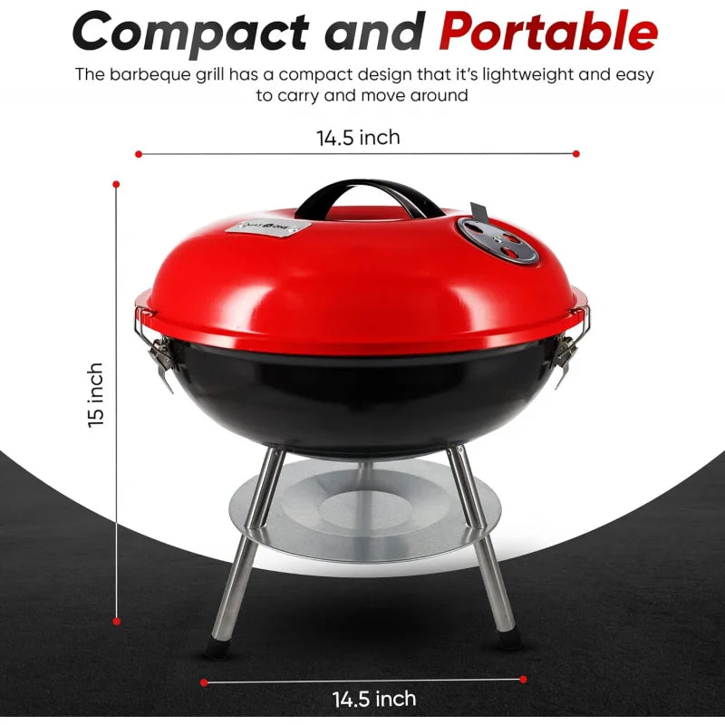 14-inch Portable Barbecue Grill with 3-Point Locking Lid for Heat Preservation