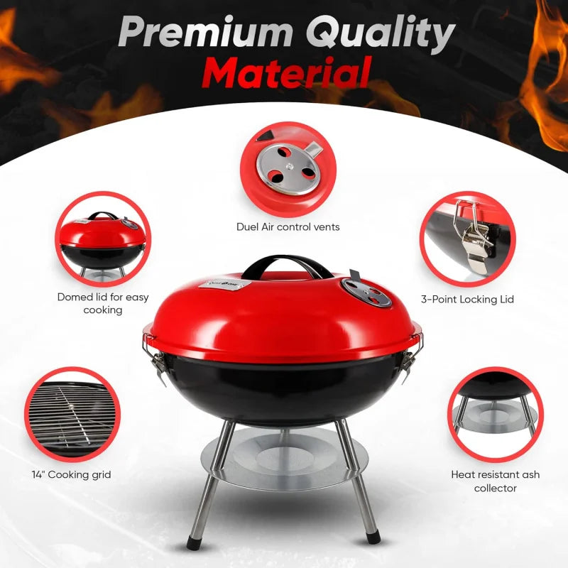 14-inch Portable Barbecue Grill with 3-Point Locking Lid for Heat Preservation