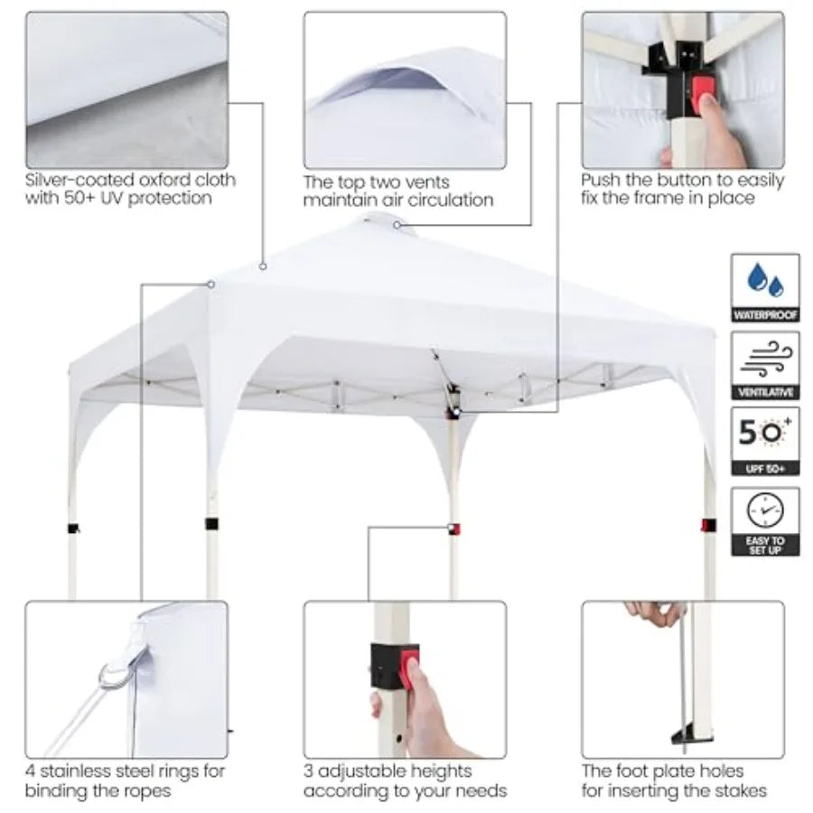 Pop Up Canopy Tent for Parties Beach Outdoor Use, Polyester Fabric, Beige, Instant Setup with Vent Wheeled Bag, Includes 4 Sand