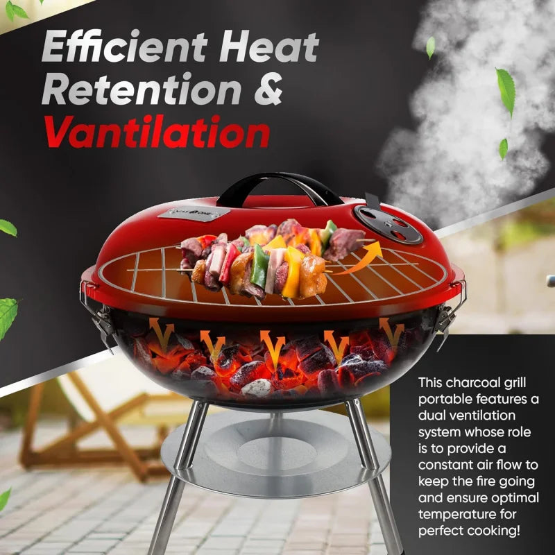 14-inch Portable Barbecue Grill with 3-Point Locking Lid for Heat Preservation