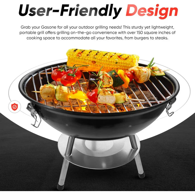 14-inch Portable Barbecue Grill with 3-Point Locking Lid for Heat Preservation