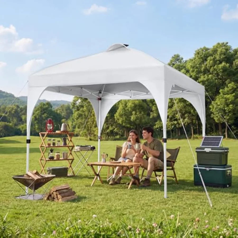 Pop Up Canopy Tent for Parties Beach Outdoor Use, Polyester Fabric, Beige, Instant Setup with Vent Wheeled Bag, Includes 4 Sand