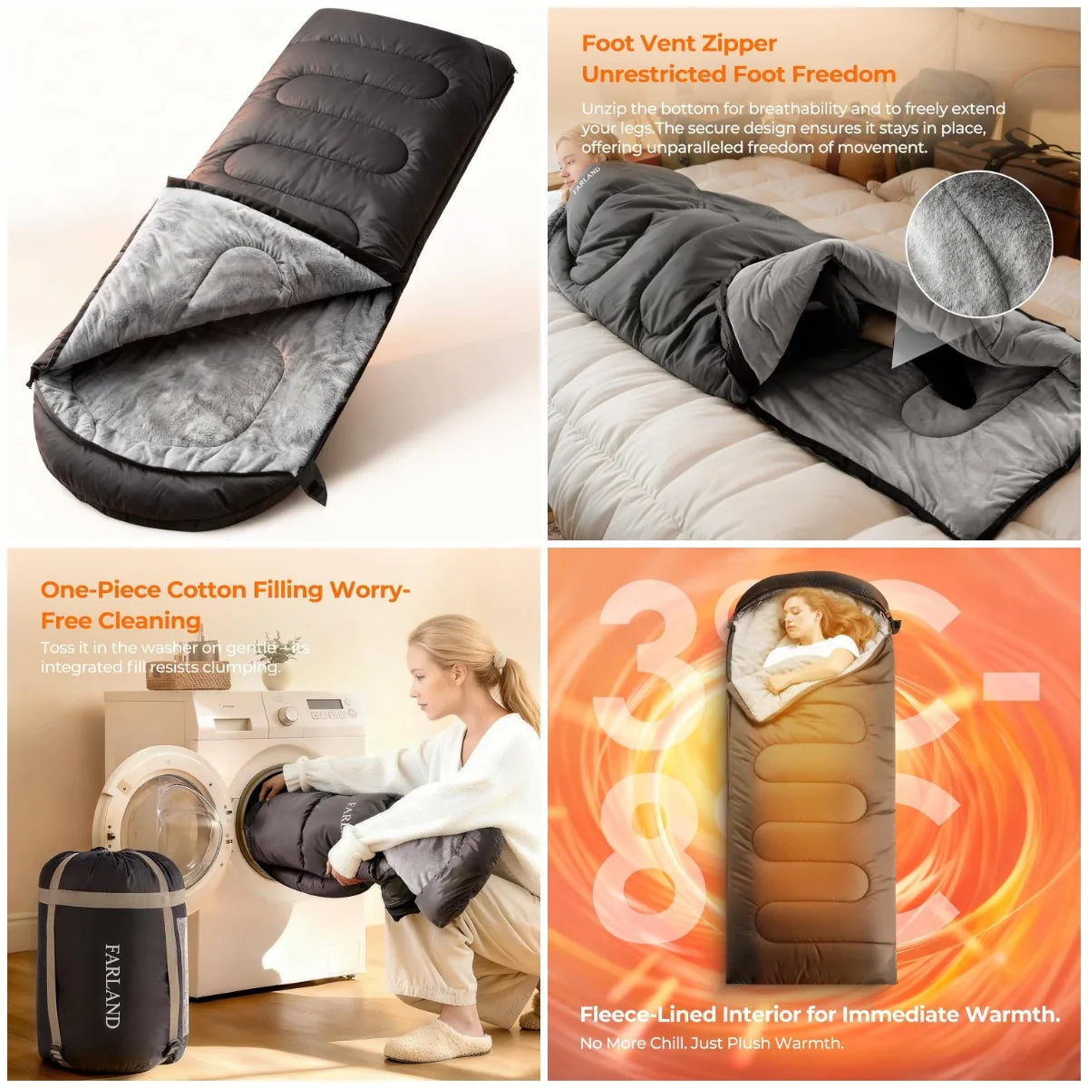 Sleeping Bag for Adults, Cold Weather & Warm Plush Fleece-Lined Interior - Portable Waterproof