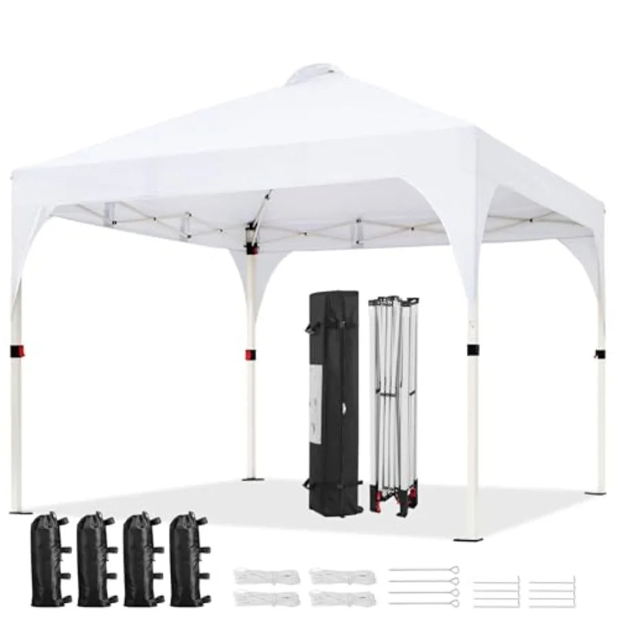Pop Up Canopy Tent for Parties Beach Outdoor Use, Polyester Fabric, Beige, Instant Setup with Vent Wheeled Bag, Includes 4 Sand