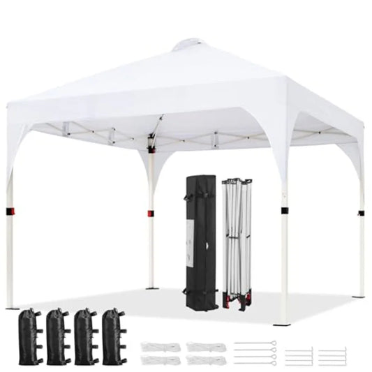 Pop Up Canopy Tent for Parties Beach Outdoor Use, Polyester Fabric, Beige, Instant Setup with Vent Wheeled Bag, Includes 4 Sand